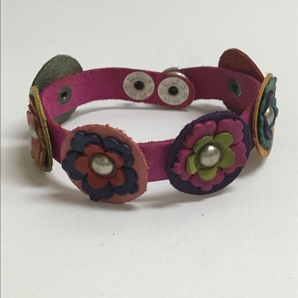 Leather Bracelet Daisy Flower Handmade Mexico 2-Snap Pinkish Band Cowgirl NEW - Picture 3 of 6